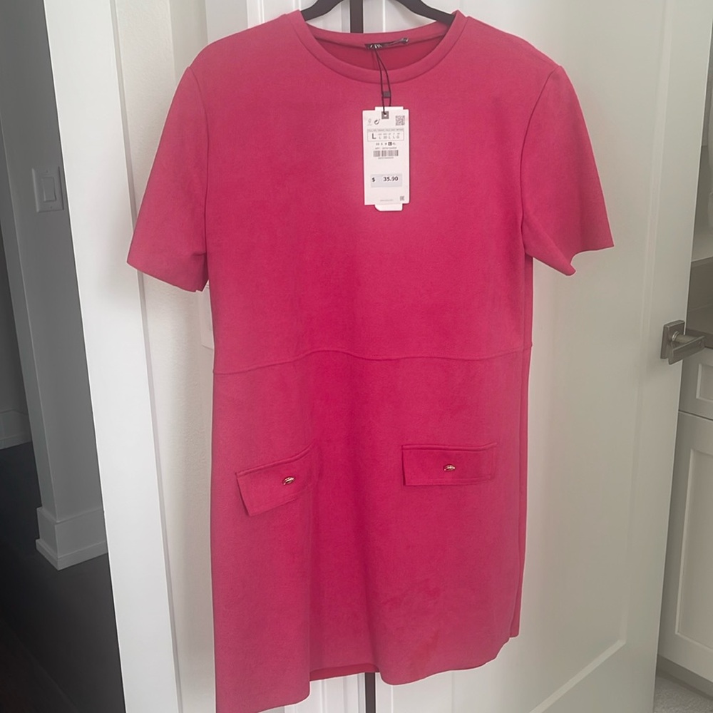 Zara pink velvet feel dress! Size L. Never worn!
